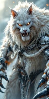 The primary subject of the image is a white lion with a ferocious expression. The lion is wearing a metal armor, which adds to its intimidating appearance. The setting is a dark environment, with the lion standing in front of a wall. The visual style of the image is digital art, as it appears to be a computer-generated or digitally manipulated image. The dominant colors in the image are white and orange, creating a contrast between the lion's white fur and the orange accents